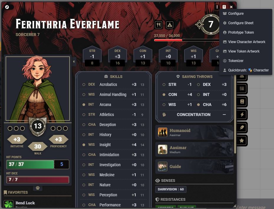 Character menu showing Quickbrush button