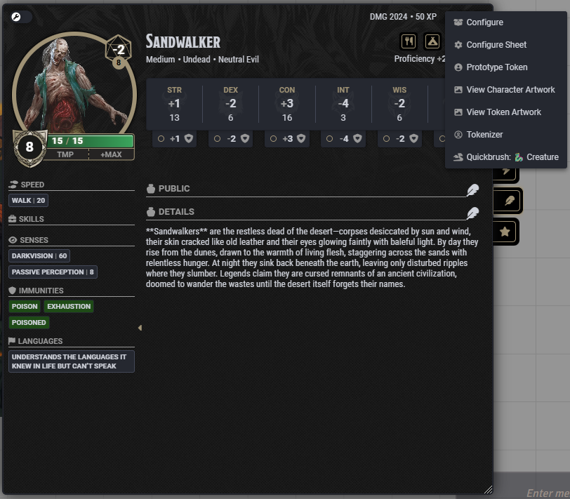 Creature sheet with Quickbrush button